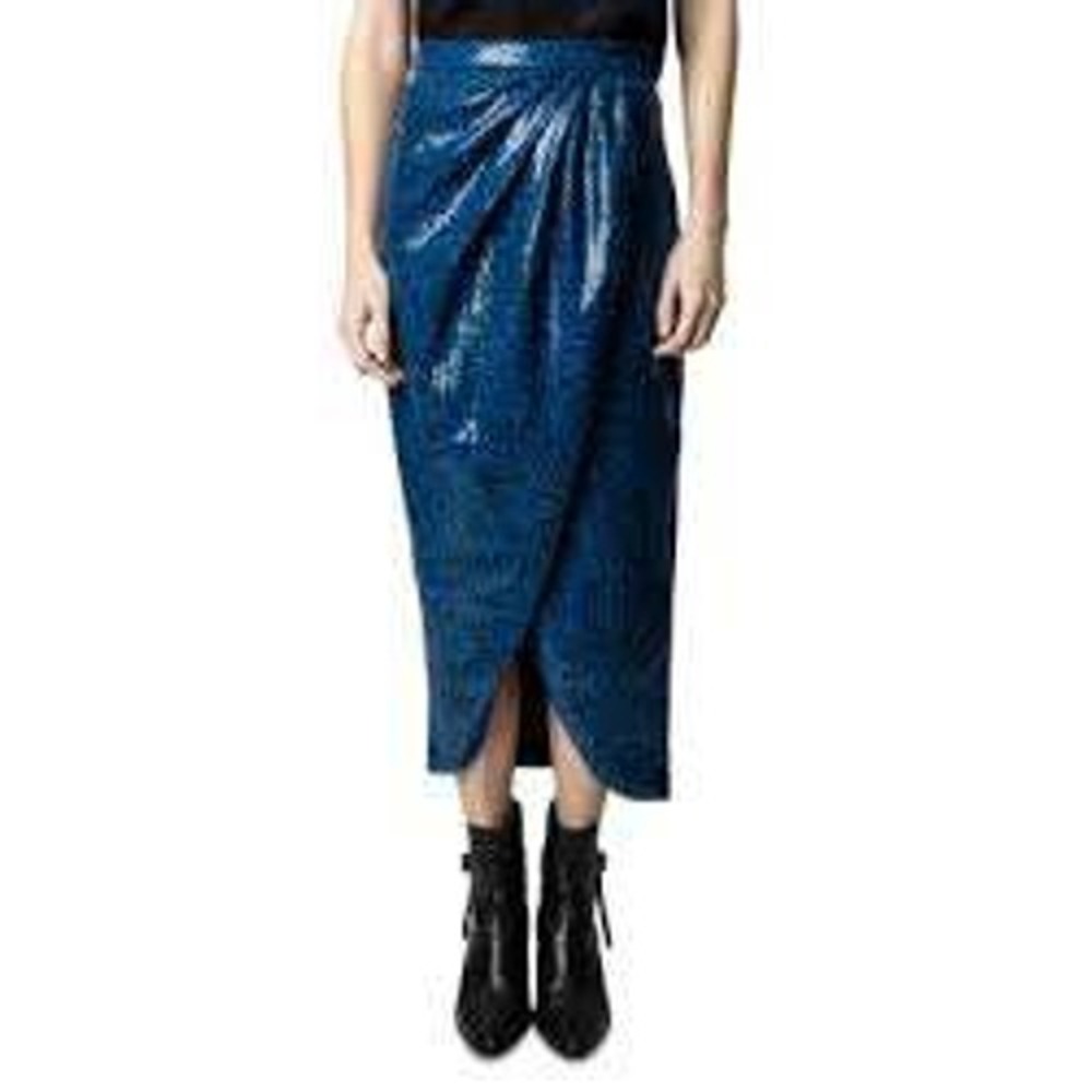 Zadig & Voltaire Jamelia Leo Blue Sequin Leopard Midi Skirt Azur WWSK00342 Sz 40